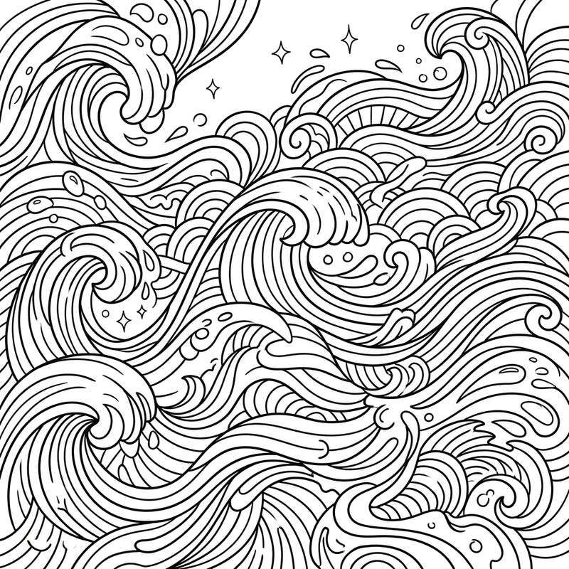 Unleash your creativity with this mesmerizing wave line art coloring page, featuring dynamic ocean and water patterns. Lose yourself in the rhythmic flow of intricate details, perfect for a relaxing coloring experience.