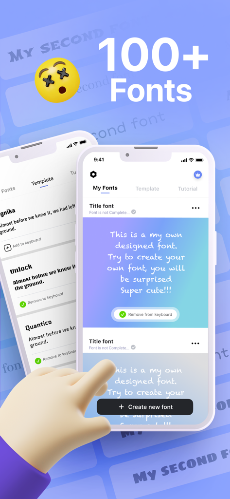 FontMaker - Handwriting Art - Ein Screenshot der FontMaker-App, der benutzerdefinierte Handschrift-Schriftarten auf einem iPhone-Bildschirm mit einem Button zum Erstellen neuer Schriftarten zeigt