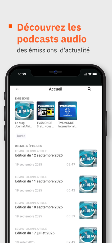 TV5MONDE App-Bildschirm mit französischen Audio-Nachrichten-Podcasts und den neuesten Episoden