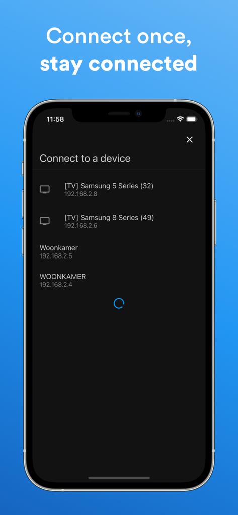 Tela do aplicativo Controle Remoto para Samsung mostrando o menu de conexão do dispositivo com uma lista de dispositivos de TV disponíveis na rede