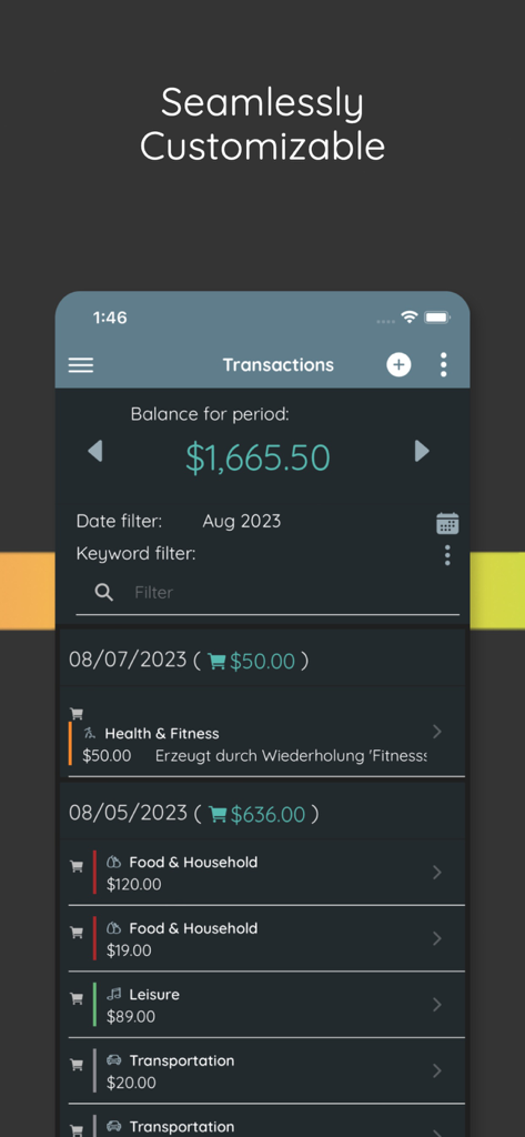 Finfluence - Finfluence app transaction list with spending categories and balance