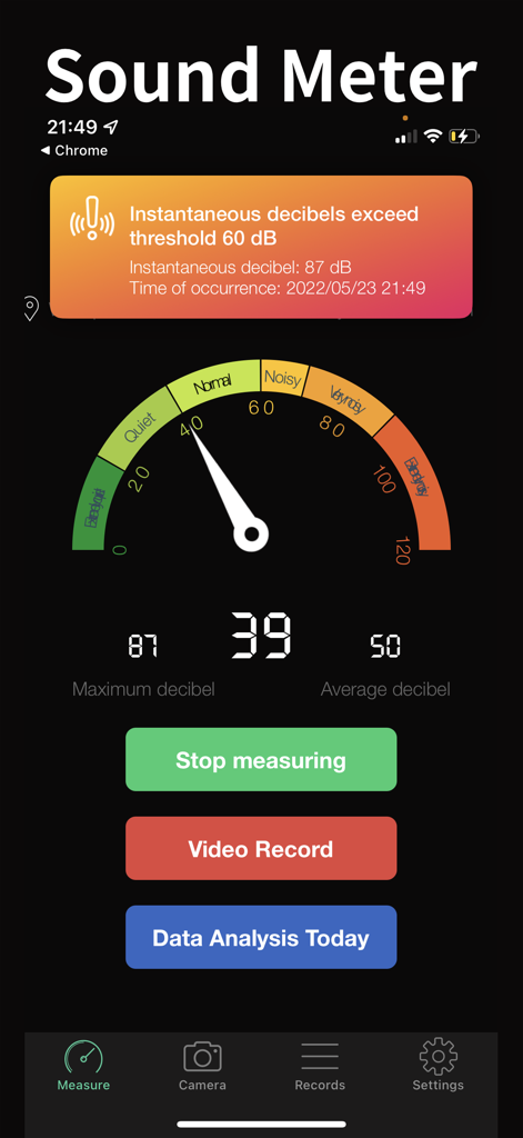 Decibel Meter: Sound dB Level - Uma interface de aplicativo móvel exibindo um medidor de decibéis de som com medição em tempo real e botões de análise de dados.
