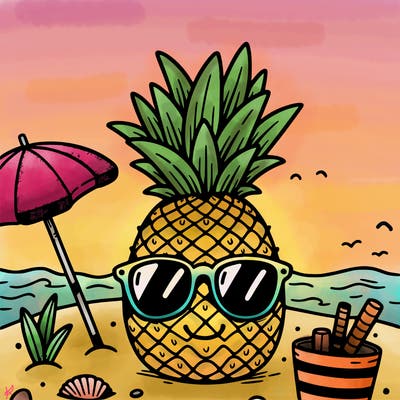 a pineapple wearing sunglasses at the beach