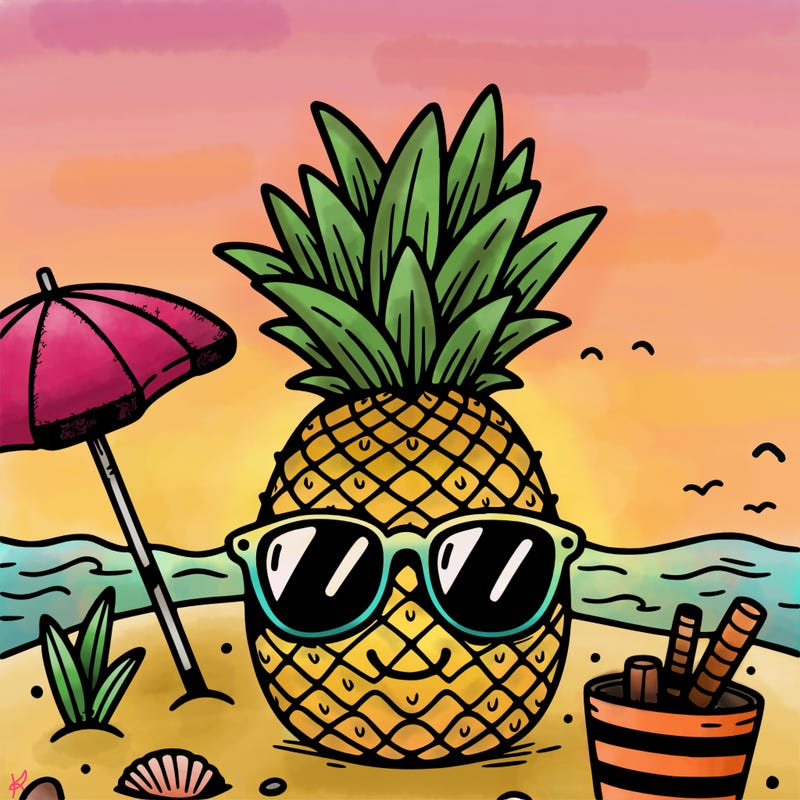 a pineapple wearing sunglasses at the beach
