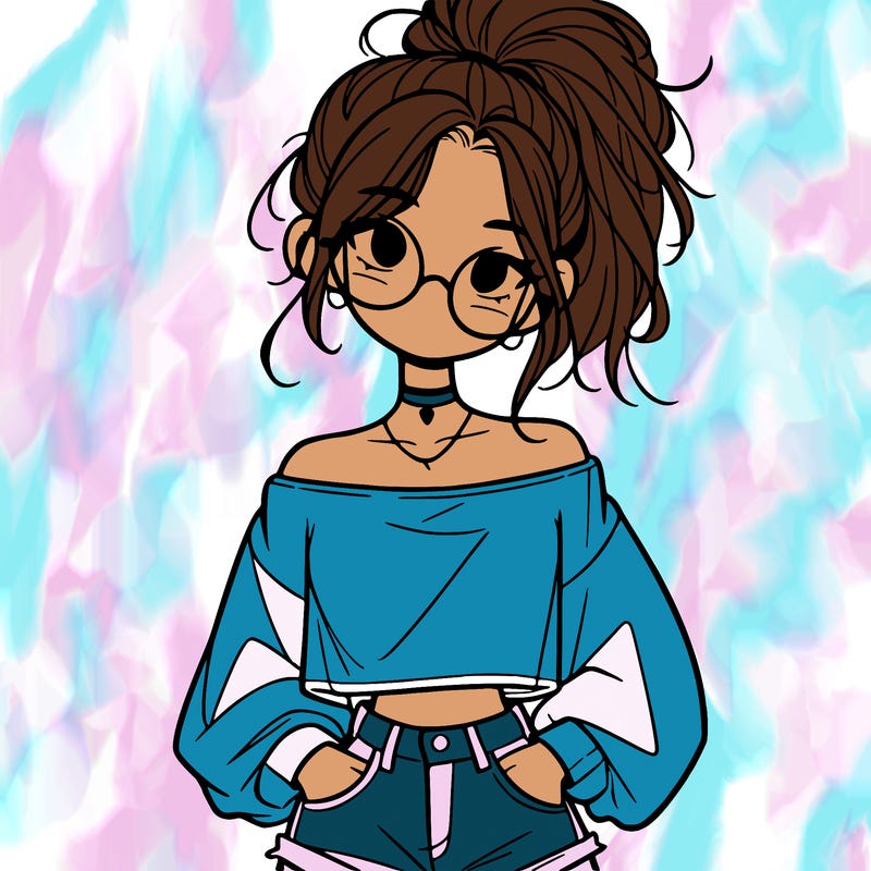 girl with a messy ponytail glasses a baggy crop top and jean shorts