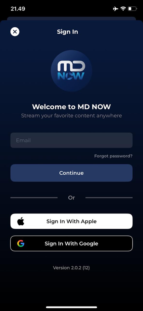 MD NOW - LiveTV - Sign in screen for MD NOW app with email Apple and Google login options.