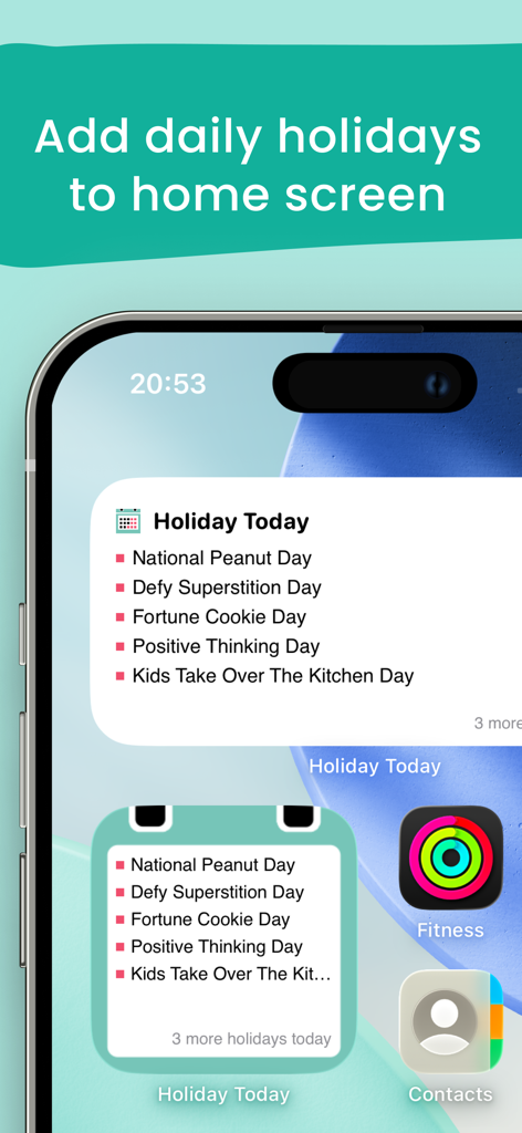 National Holiday Today - iPhone home screen displaying the Holiday Today widget with a list of daily national celebrations