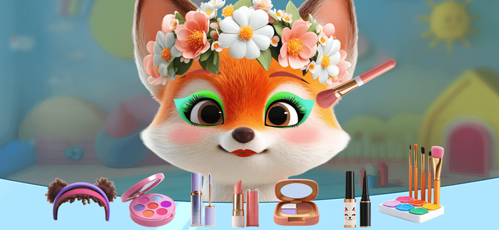 A cute cartoon fox with a flower crown and makeup in the Dino Fun beauty salon game