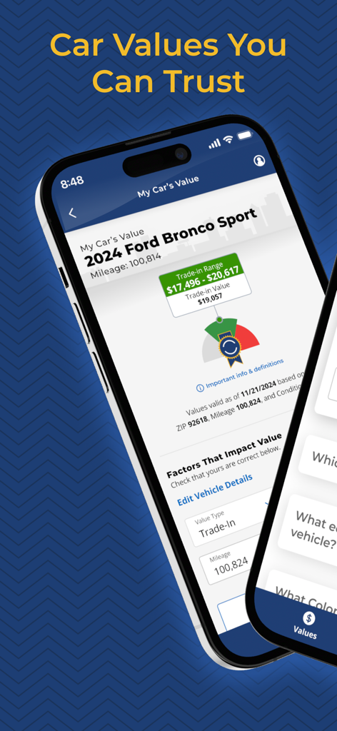 Kelley Blue Book: We Know Cars - Kelley Blue Book app screen showing trade in value for a Ford Bronco Sport