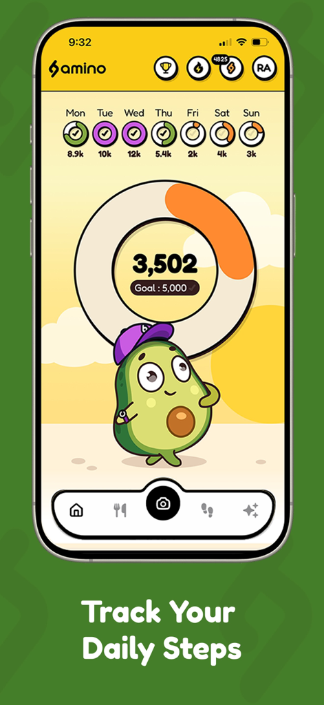 Amino: Free AI Calorie Tracker - Interfaz de la aplicación Amino para rastrear pasos diarios y progreso de fitness semanal