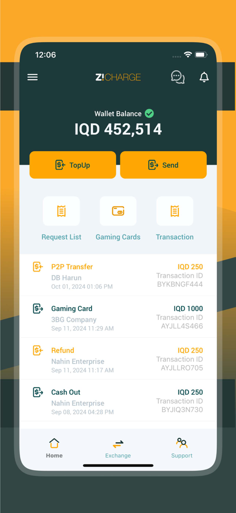 ZiCharge - ZiCharge mobile app interface showing wallet balance and transaction history
