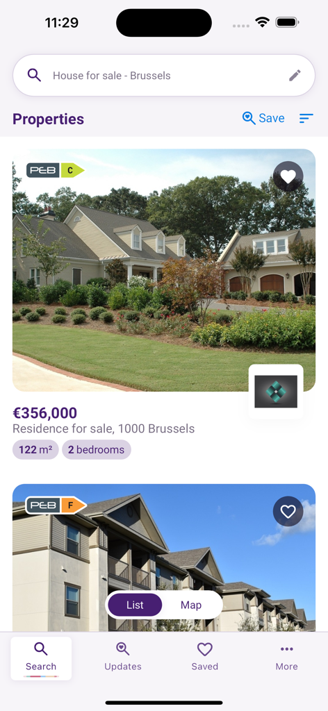 Immovlan - Immovlan app interface showing real estate property listings for sale in Brussels with photos, prices, and energy efficiency ratings.