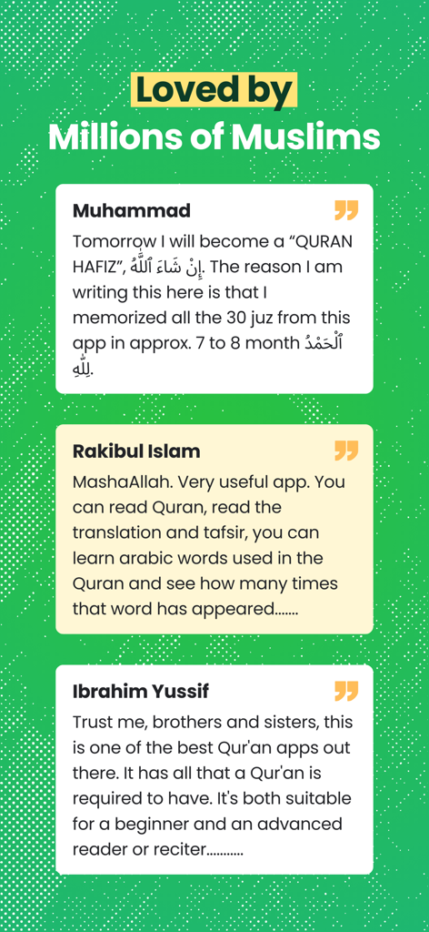 Screen showing positive user reviews and testimonials for the Al Quran app highlighting its study and memorization features