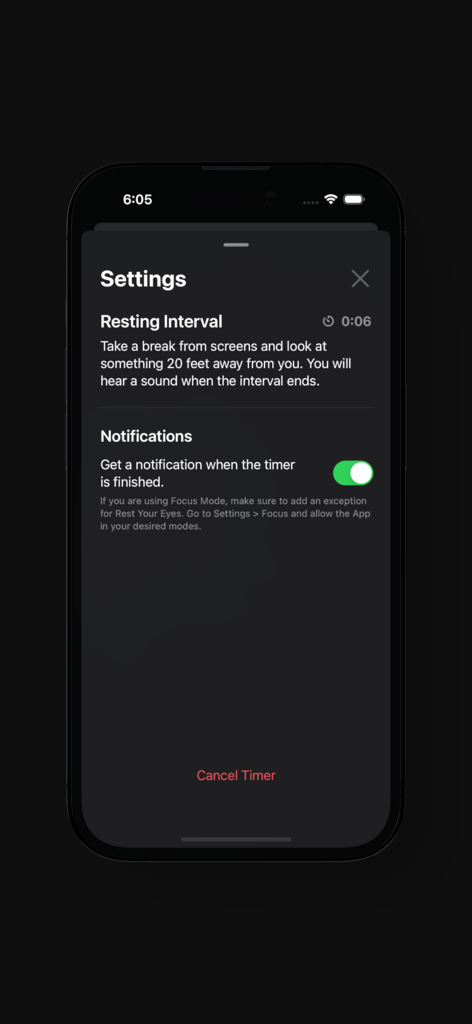 Rest Your Eyes - Breaks - Rest Your Eyes app settings for eye break intervals and notifications