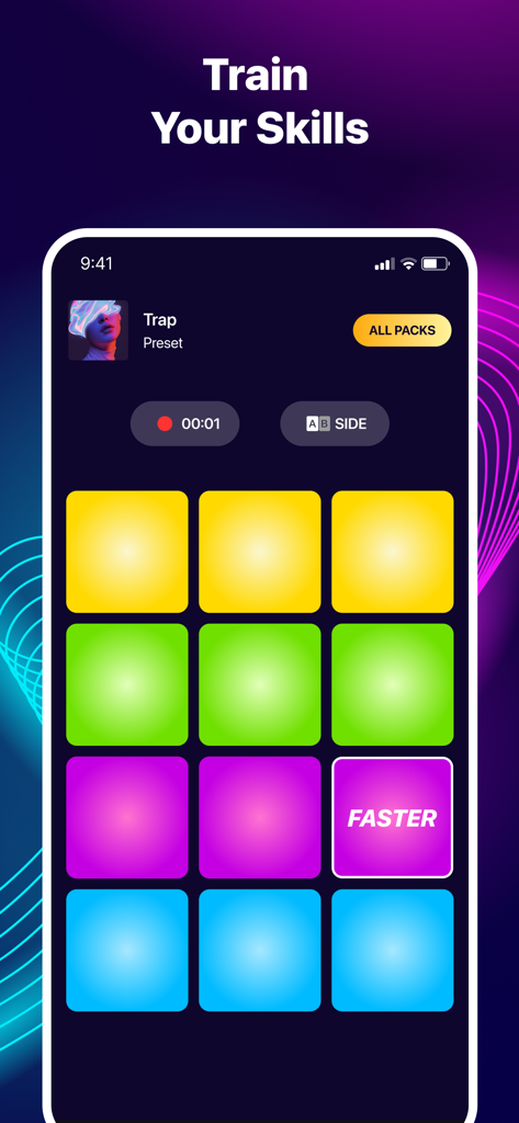 Music Pads: Beat Maker Machine - Music Pads app interface showing a colorful drum pad grid and rhythm training mode for trap music beats.
