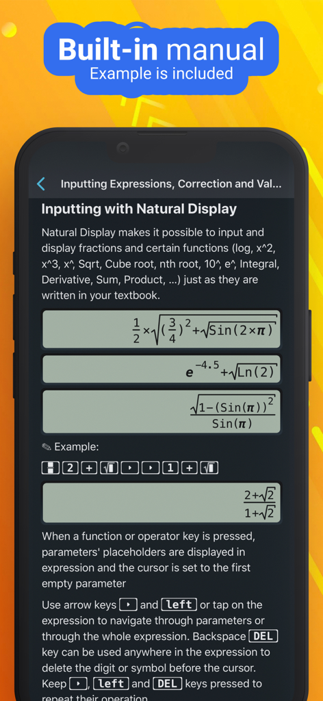 NCalc Scientific Calculator + - Manual embutido mostrando entrada de exibição natural para fórmulas matemáticas no aplicativo NCalc
