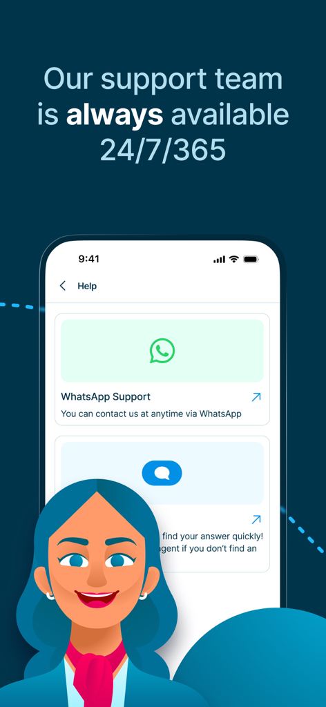 StaffTraveler eSIM - StaffTraveler eSIM app help screen showing 24/7 support via WhatsApp and a flight attendant illustration