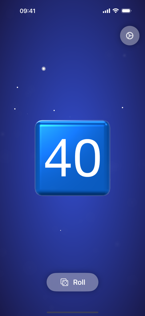 Rando for Random Numbers - A blue 3D dice showing the number 40 on a dark blue background with a roll button