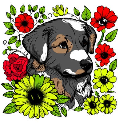 realistic dog with flowers