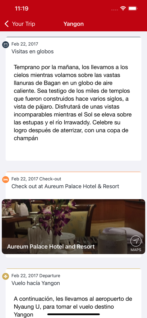 A detailed daily trip itinerary screen in the Cocha mobile app showing flight and hotel information
