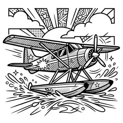 Experience the thrill of flight with this eye-catching Pop Art seaplane coloring page. Its bold lines and iconic comic book style patterns offer a unique and energetic coloring challenge for all ages.