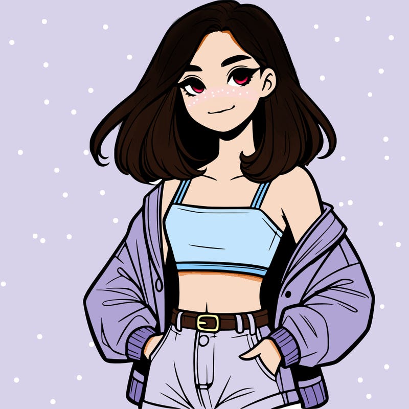 a realistic girl with a crop top and short shorts in an open jacket
