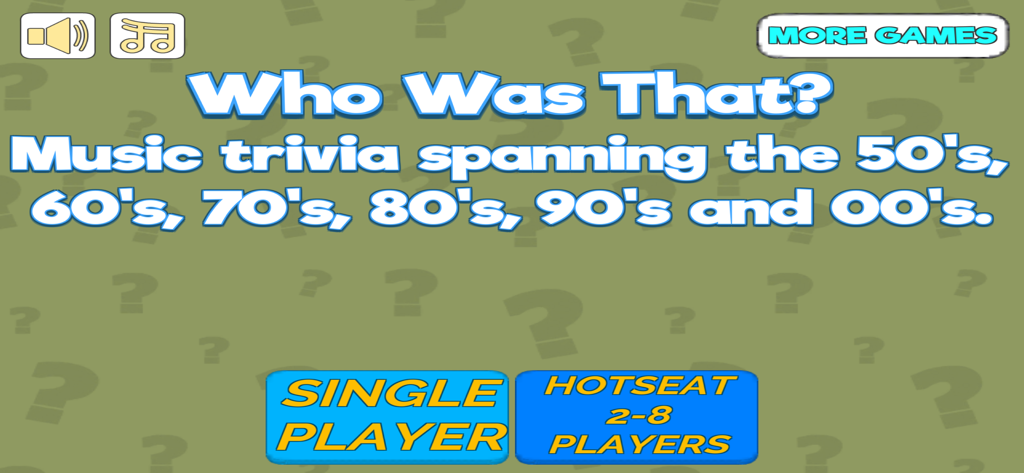 Who Was That - Pantalla de inicio de la aplicación de trivia musical ¿Quién Era Esa? con modos de juego para un jugador y hasta 8 jugadores