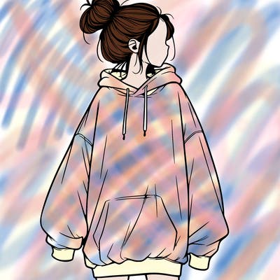 realistic girl with a oversized sweatshirt on and a bun