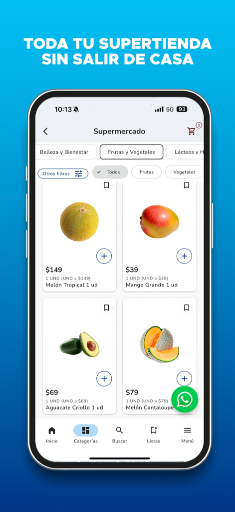 Plaza Lama - Plaza Lama app interface showing fresh fruit and vegetable shopping category