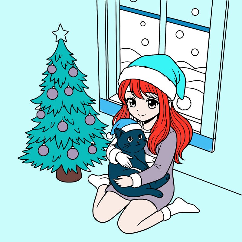 a girl wearing a santa claus hat is holding a cat in her arms, who is also wearing a santa claus hat. they are sitting near a christmas tree. there is a window next to the tree.