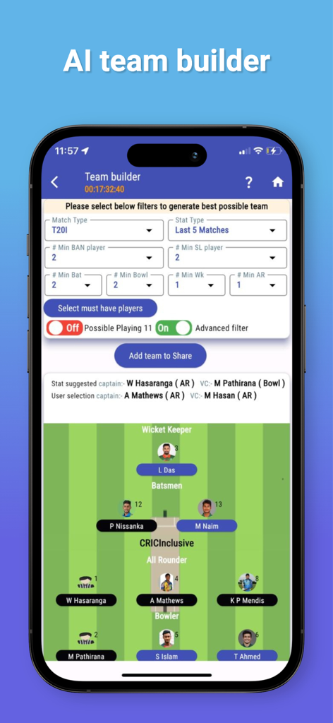 CricInclusive - A mobile app interface of CricInclusive showing an AI team builder with custom player filters and a visual fantasy cricket lineup on a field.