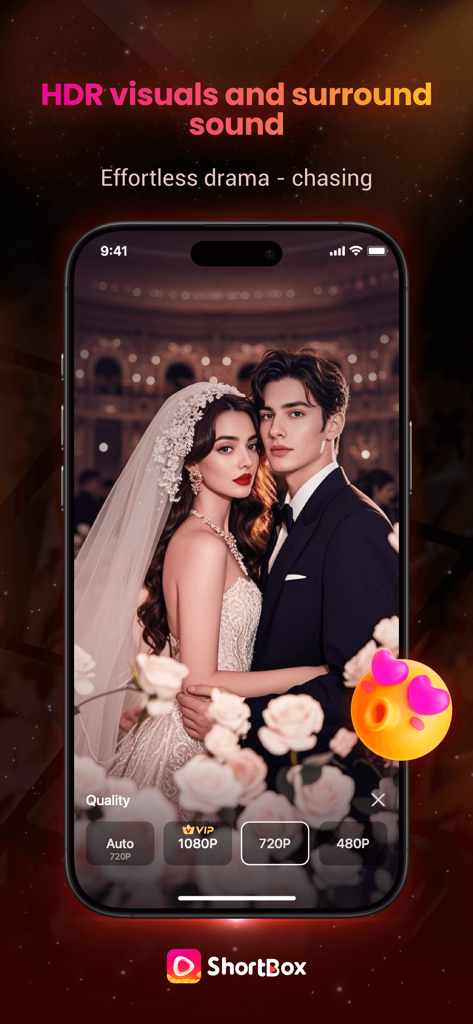 ShortBox-Short Drama Feast - ShortBox app interface displaying a romantic short drama in high definition with quality settings