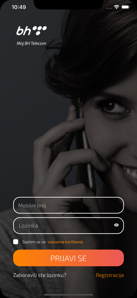 Moj BH Telecom - Login screen for the Moj BH Telecom mobile application showing entry fields for mobile number and password