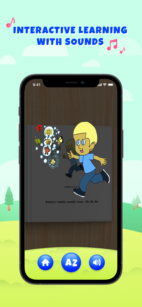 Angel's AR Book - Screenshot of Angel's AR Book app featuring augmented reality learning with phonics and interactive cartoon characters.