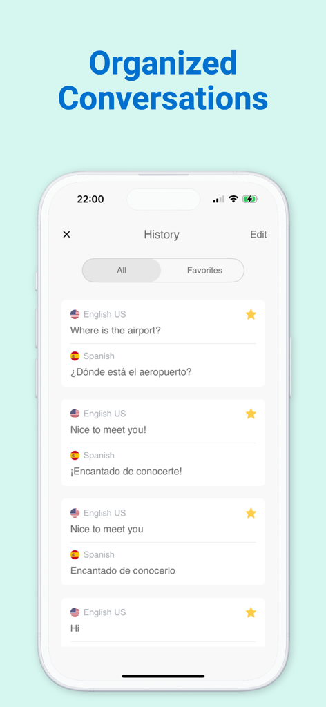 Instant Voice Translator - Translation history screen displaying organized conversations between English and Spanish on an iPhone