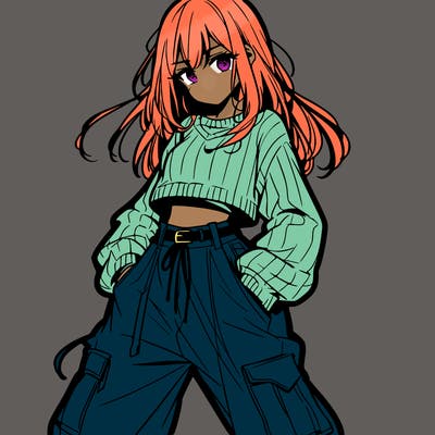 anime teen girl with baggy pants and crop top with sweater