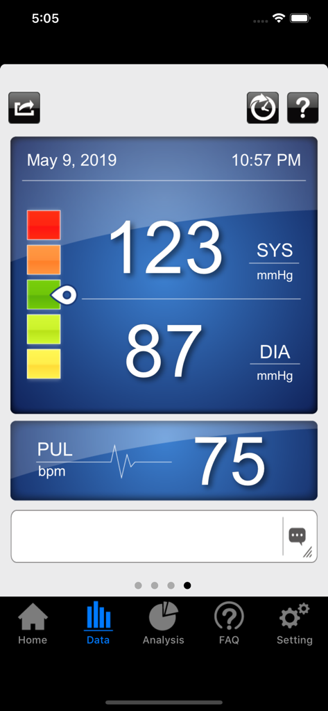 L'interface de l'application iFORA BP affiche les mesures de pression artérielle systolique et diastolique avec des indicateurs de santé codés par couleur et la fréquence cardiaque.