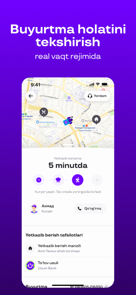 Interface de l'application mobile Uzum Tezkor montrant le suivi des commandes en temps réel sur une carte avec une estimation de livraison de cinq minutes