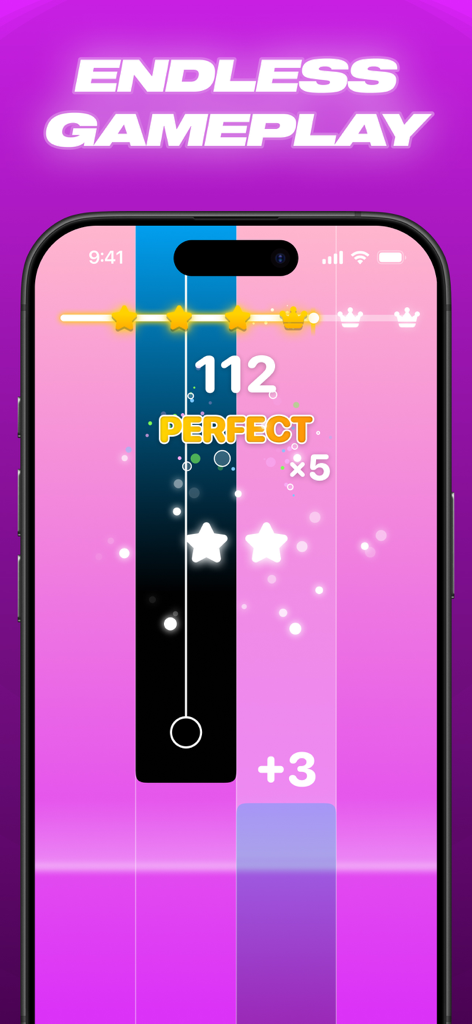 Screenshot of Tiles Pop music game showing endless rhythm gameplay and score tracking