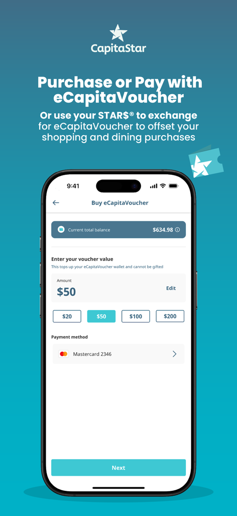 Mobile app interface of CapitaStar showing the process of buying an eCapitaVoucher using a Mastercard payment method