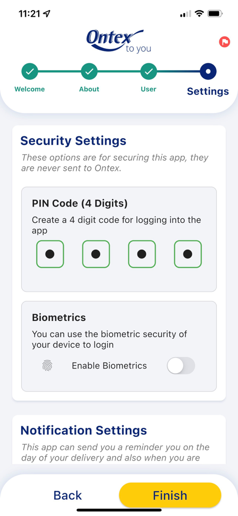Ontex to you - Security settings screen for the Ontex to you app showing PIN and biometrics configuration