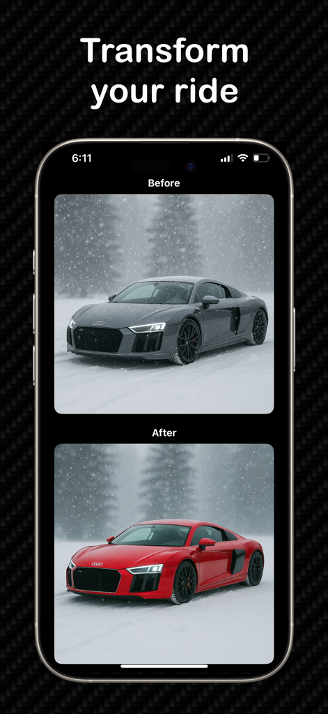 Comparaison avant/après montrant une Audi R8 grise transformée en une rouge à l'aide de l'application AutoLab.