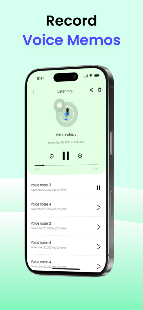 ACR Call Recorder · 2nd Line - Interface of ACR Call Recorder app showing a list of recorded voice memos and playback controls on an iPhone