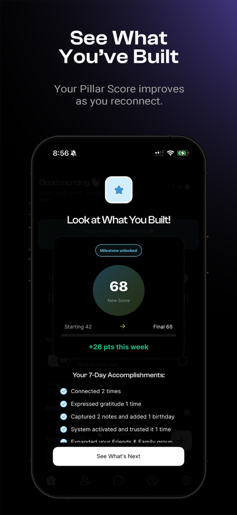 Socialite: Stay Connected - Socialite app screen displaying a social pillar score of 68 and a list of weekly relationship accomplishments