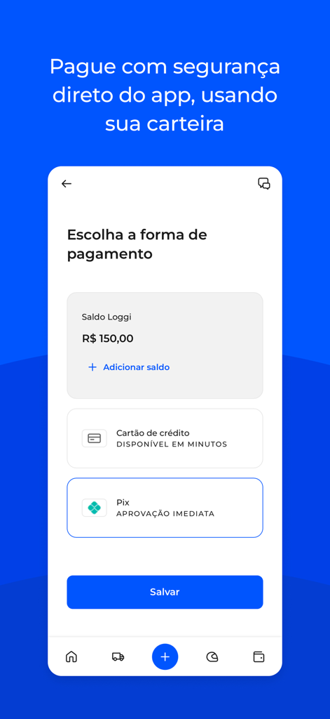 Loggi: envio local e nacional - Loggi mobile app interface showing secure payment options like digital wallet and credit card.