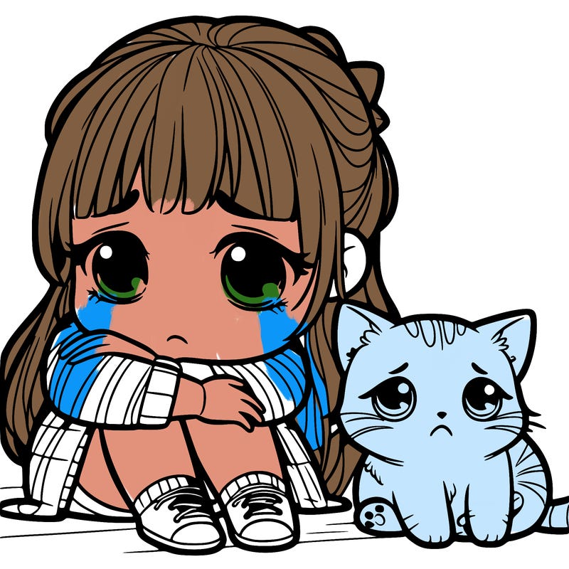 sad girl and sad cat