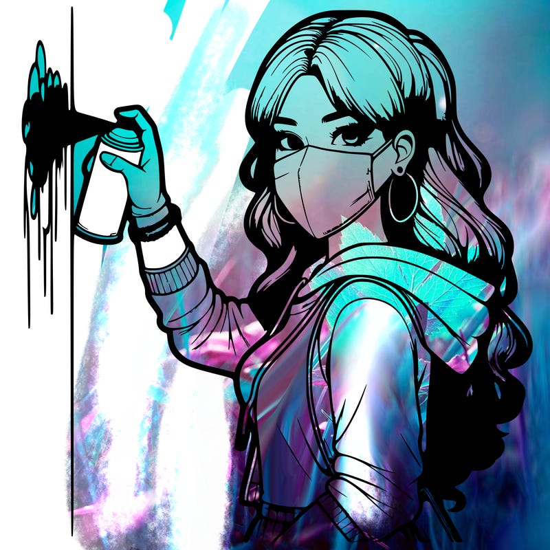 realistic girl with mask spray painting a wall