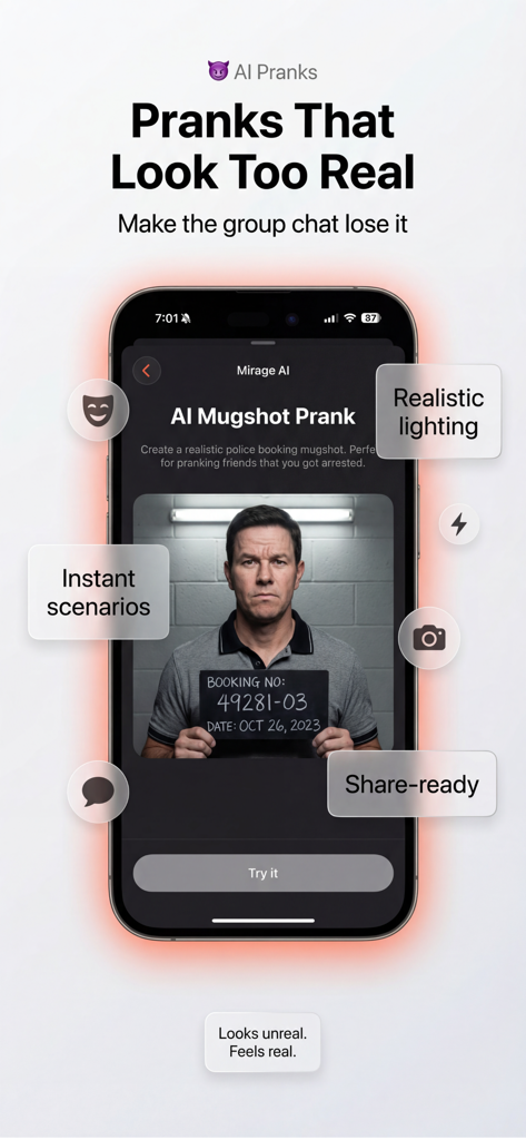 Mirage AI: Photo Editor - Interface do editor de fotos Mirage AI mostrando um recurso de pegadinha de retrato de IA