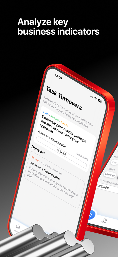 Numetrica mobile app dashboard for analyzing business indicators and managing tasks