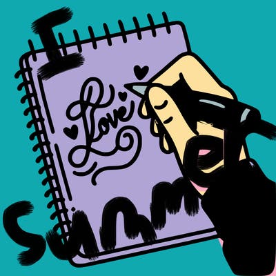 a hand writing “love” in calligraphy on a notebook